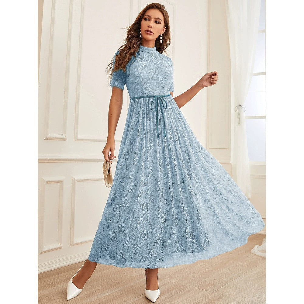 Mock Neck Short Sleeve Lace Belted A-Line Maxi Dress - View 5