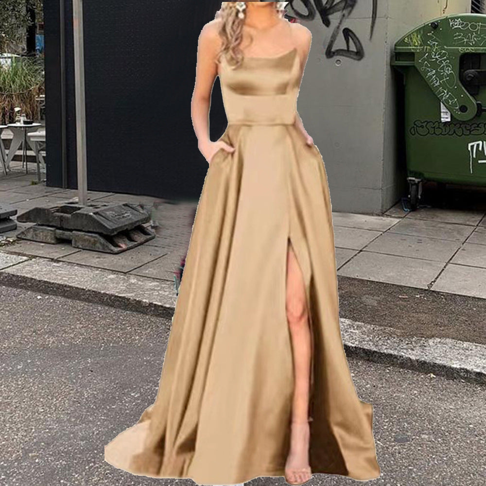 Satin Halter Neck Mermaid High Split Maxi Dress in Red - View 11