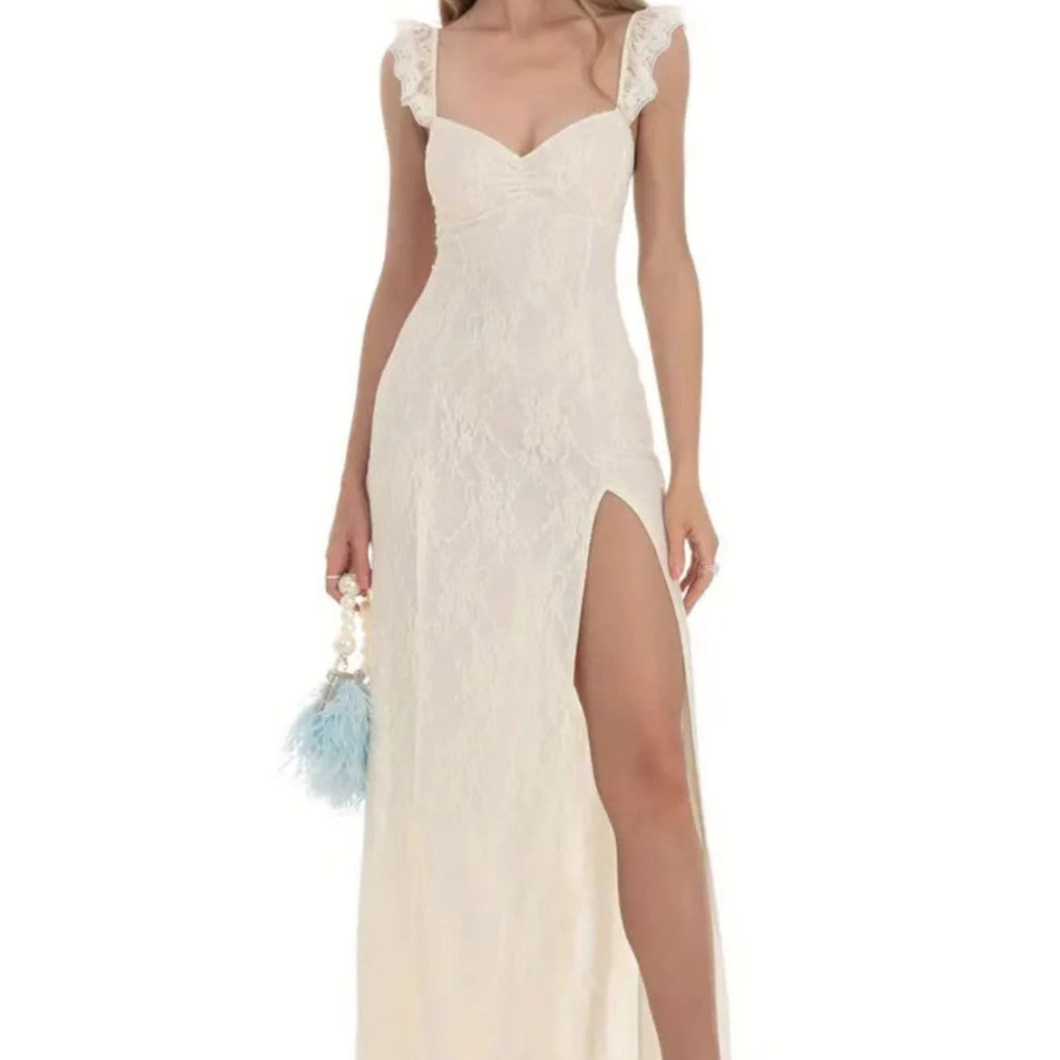 Lace Flutter Strap Sweetheart High Split Maxi Gown