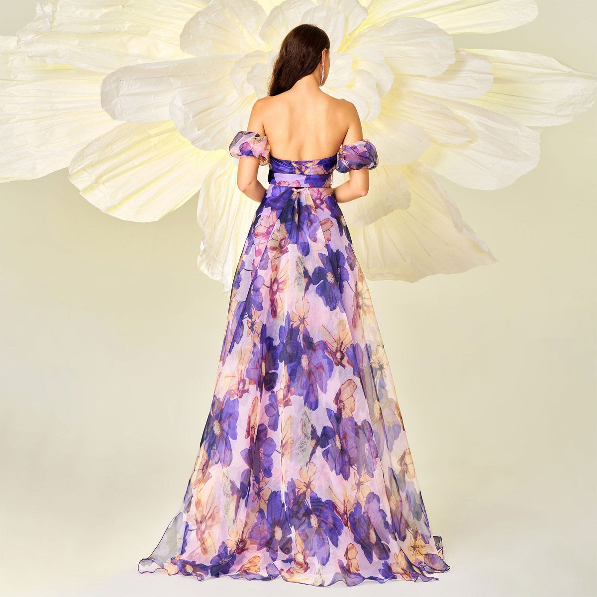 Floral Off Shoulder Puff Sleeve Belted Chiffon Maxi Dress - View 5