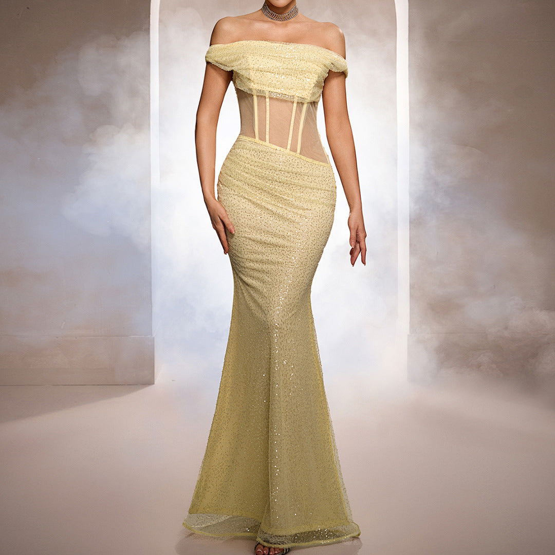 Sequin Off Shoulder Sheer Corset Mermaid Gown - View 5