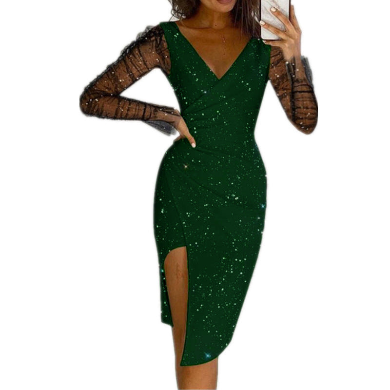 Glitter Star Print Mesh Long Sleeve Deep V-Neck Wrap Cocktail Dress - View 5