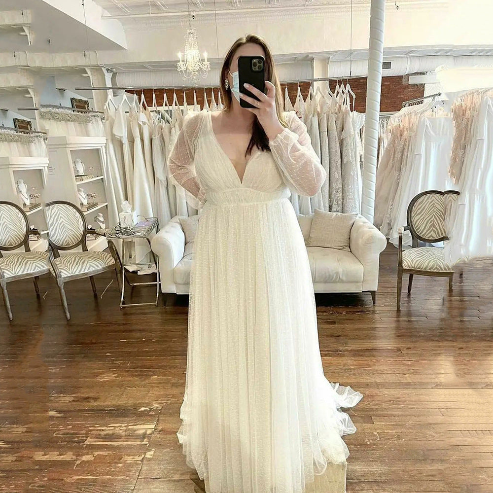 Pregnant Long Sheer Long Sleeve Mesh Maxi Deep V Plunge Dress