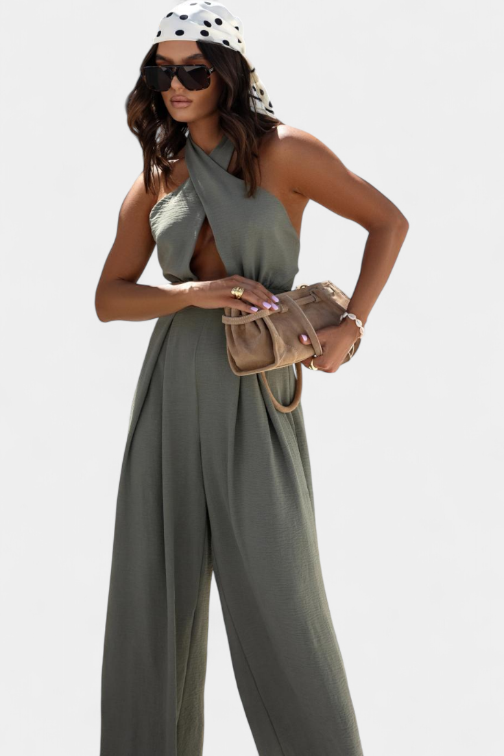 Halter Neck Cross Front Cut Out Backless Wide Leg Jumpsuit 4