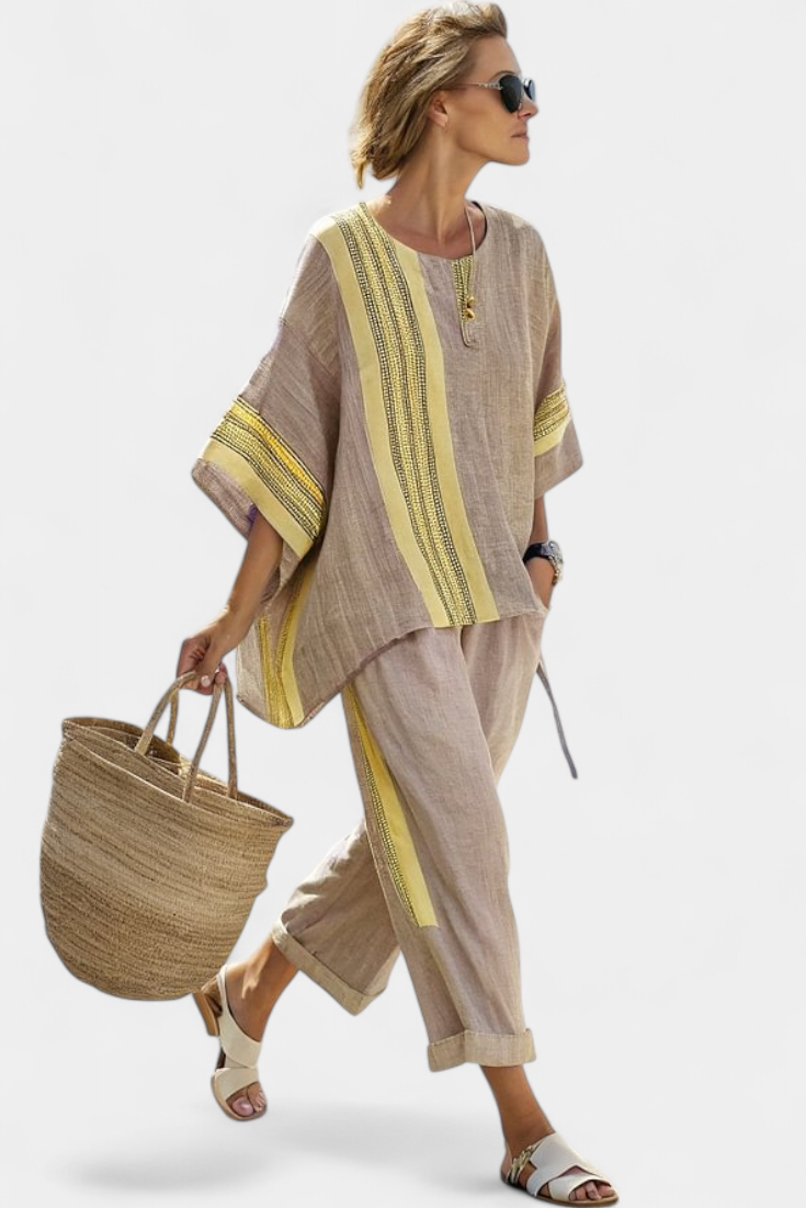 Half Sleeve Contrast Stripe Top and Pants Two Piece Set 7