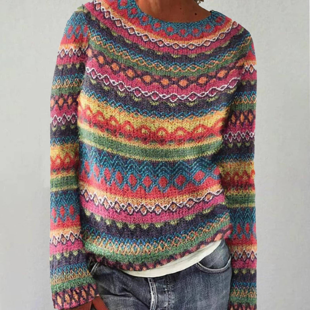 Crew Neck Fair Isle Striped Knit Sweater