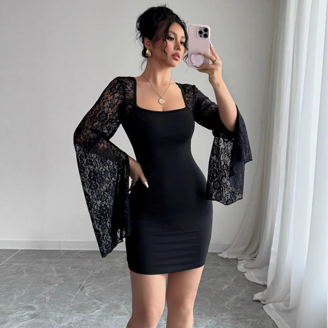 Lace Bell Sleeve Square Neck Bodycon Mini Cocktail Dress