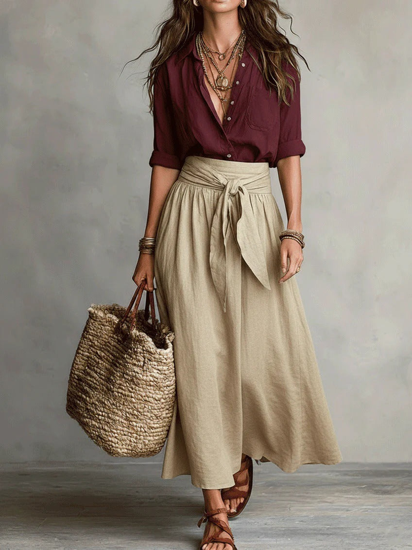 Button Front Shirt and Tie Waist Maxi Skirt Two Piece Set 8