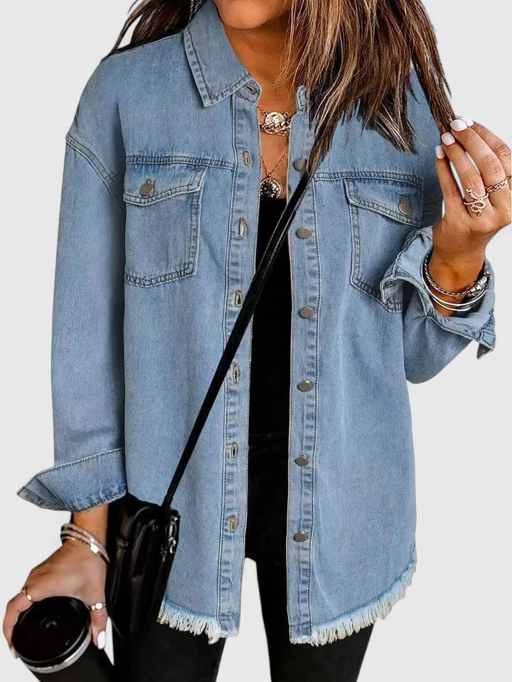 Button Front Frayed Hem Denim Shirt Jacket 12