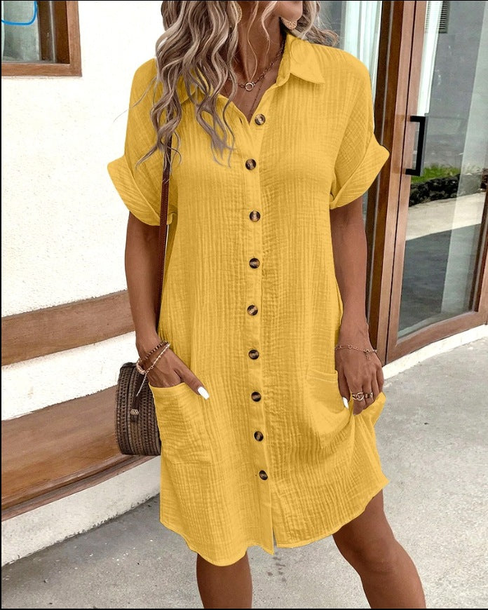 Crinkle Button Front Short Sleeve Pocket Shirt Dress 2
