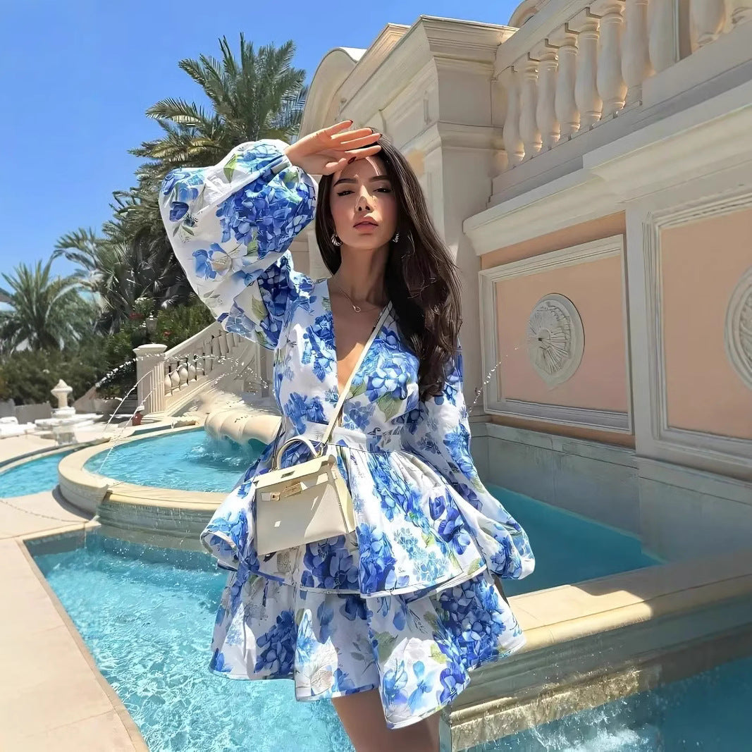 Floral Puff Sleeve V-Neck Tiered Ruffle Mini Dress