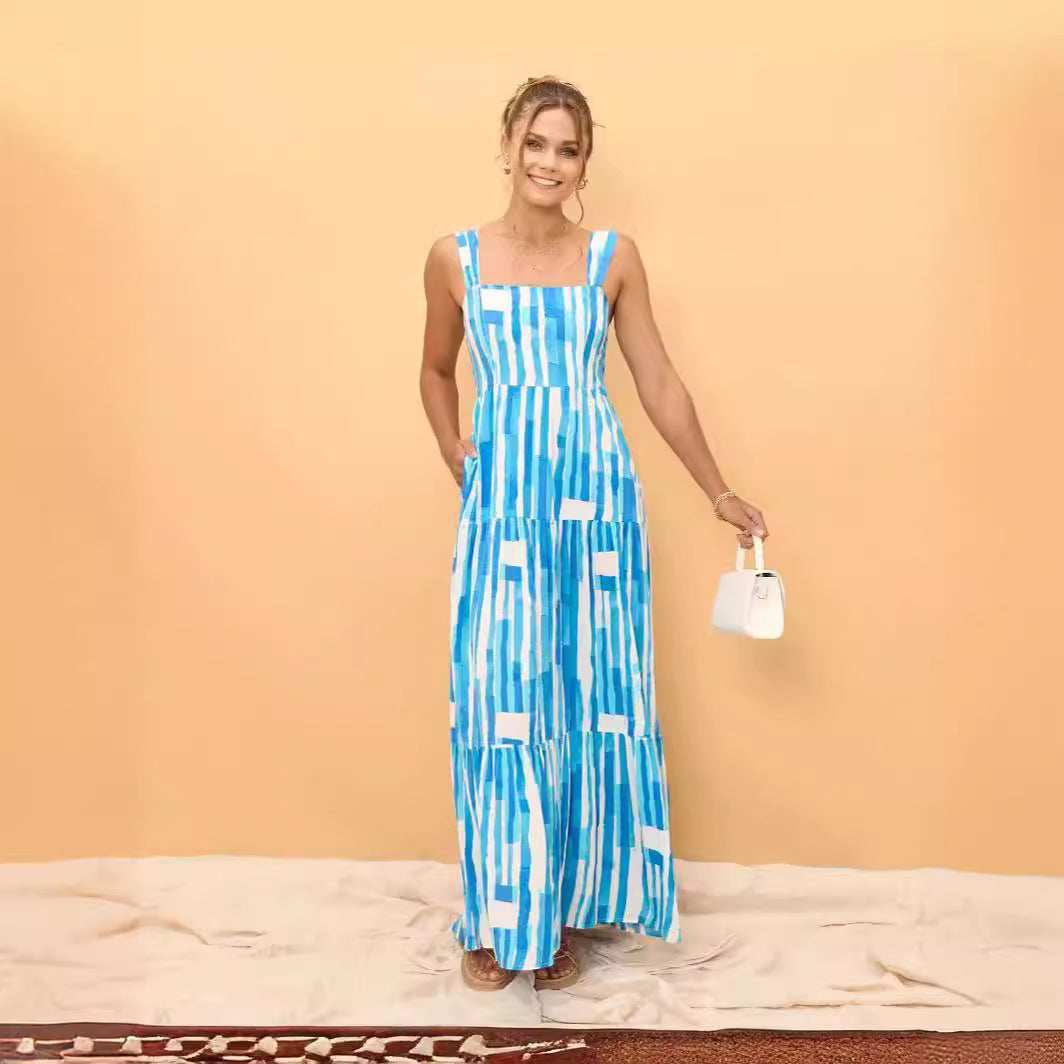 Striped Print Square Neck Wide Strap Tiered Pocket Maxi Dress - View 2