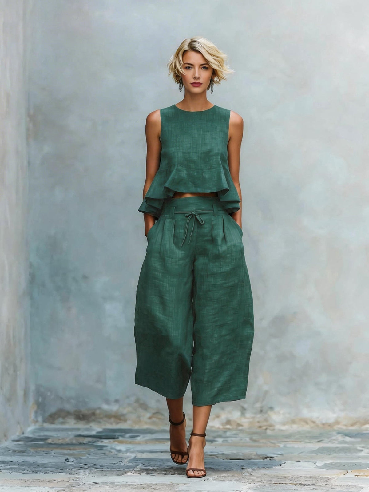 Sleeveless Ruffle Hem Top and Wide Leg Cropped Pants Two Piece Set 4