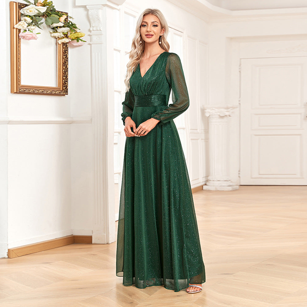 Glitter V-Neck Long Sleeve A-Line Chiffon Maxi Dress - View 6