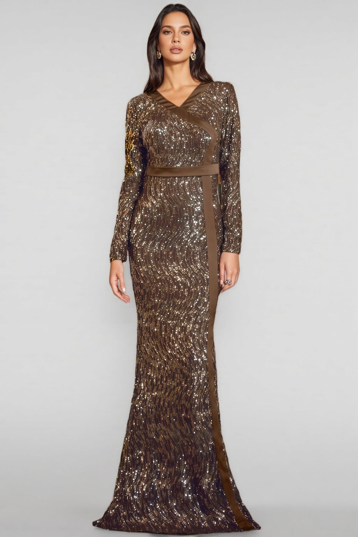 Sequin V-Neck Long Sleeve Mermaid Maxi Gown - View 5