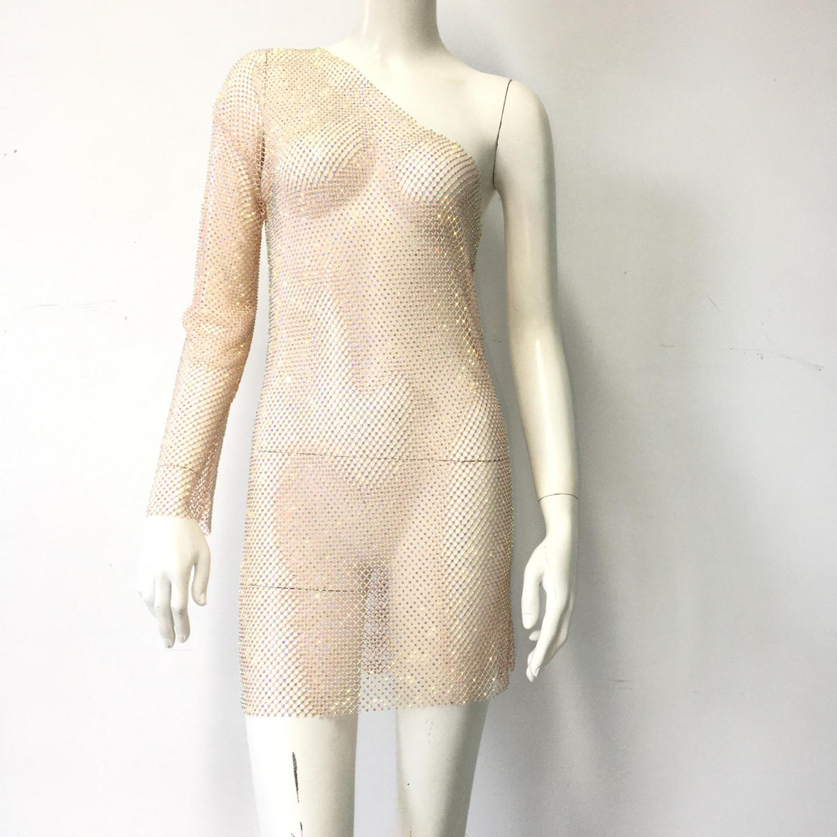 One Shoulder Long Sleeve Rhinestone Mesh Bodycon Mini Party Dress - View 2