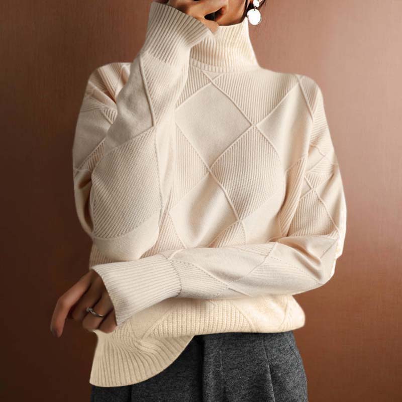 Turtleneck Long Sleeve Diamond Textured Knit Sweater 9