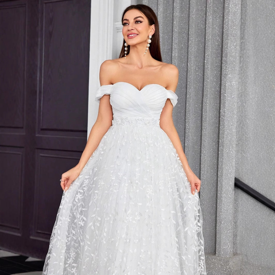 Floral Embroidered Off Shoulder Sweetheart A-Line Maxi Gown - View 3