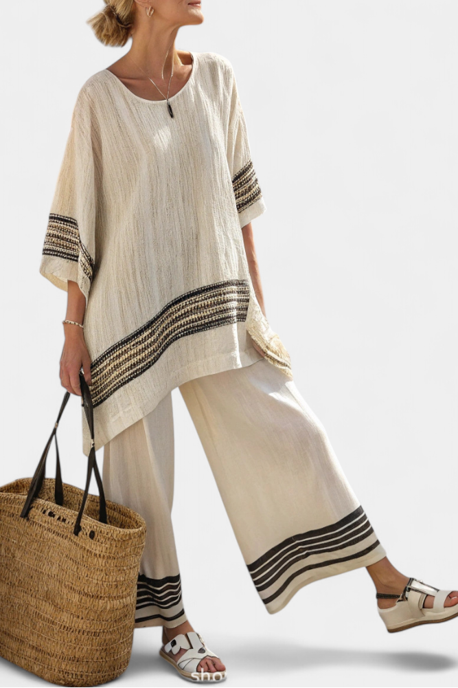 Striped Trim Half Sleeve Top and Wide Leg Pants Two Piece Set 2