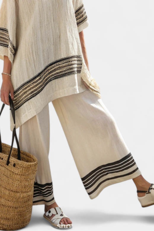 Striped Trim Half Sleeve Top and Wide Leg Pants Two Piece Set 4