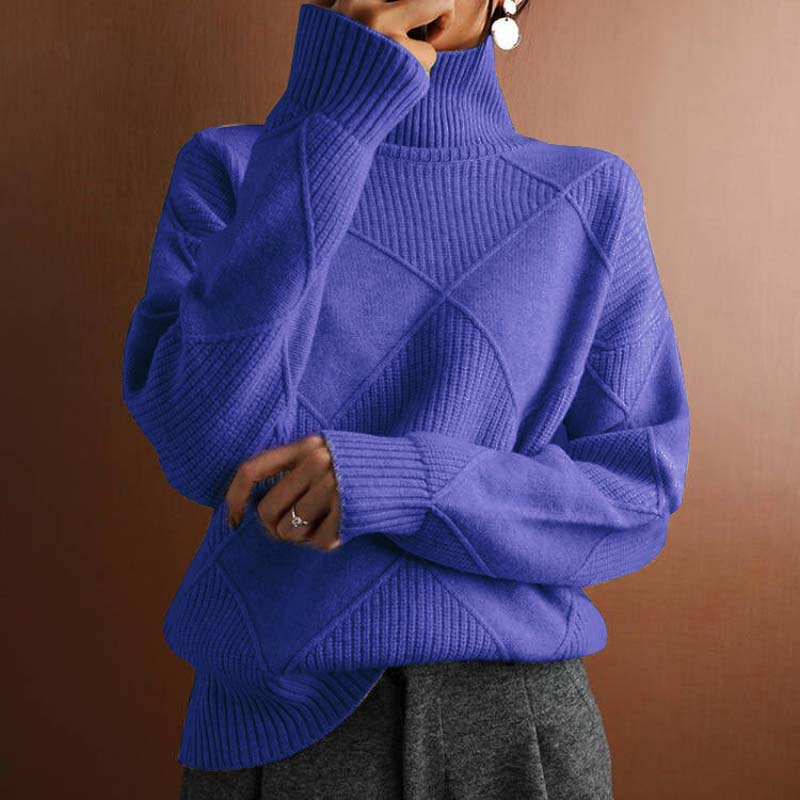 Turtleneck Long Sleeve Diamond Textured Knit Sweater 11
