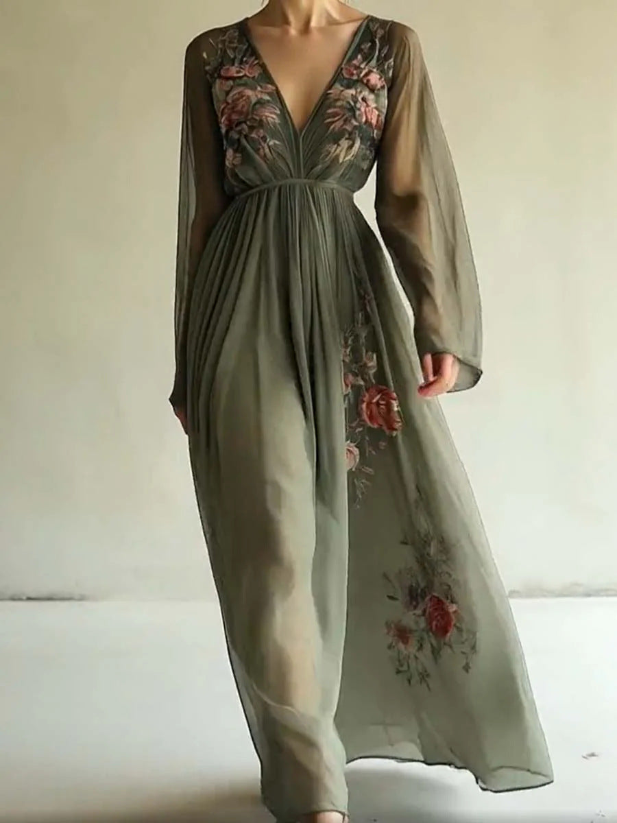 Floral Embroidered Chiffon Deep V-Neck Long Sleeve Maxi Dress 3