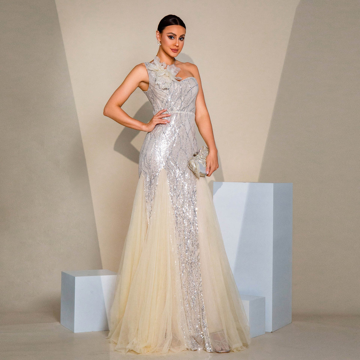 Sequin One Shoulder Floral Applique Tulle Maxi Gown - View 2