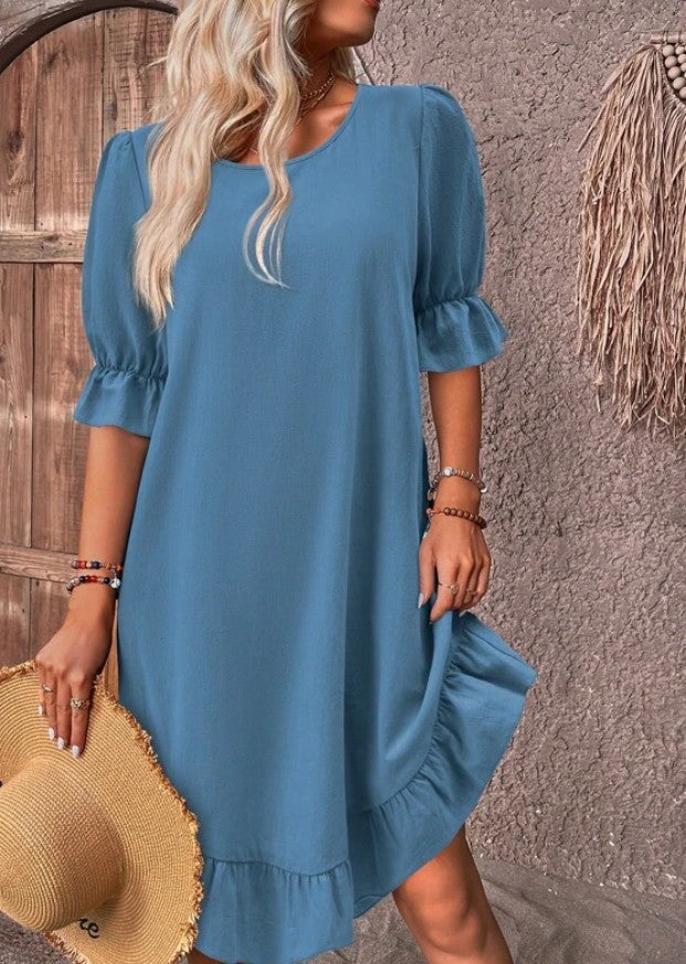 Puff Sleeve Scoop Neck Ruffle Hem Shift Mini Summer Dress - View 3
