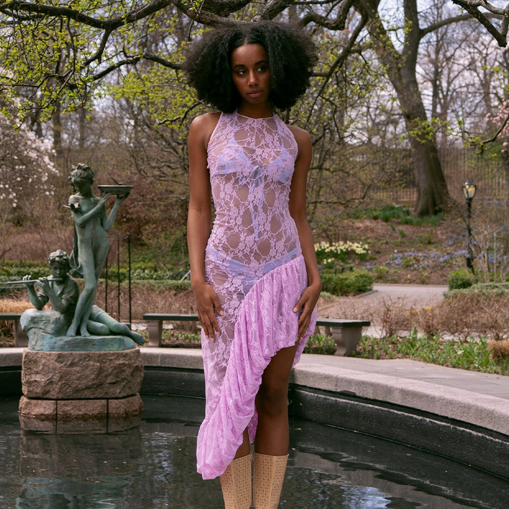 Sheer Floral Lace Mock Neck Sleeveless Tiered Ruffle Maxi Dress - View 6