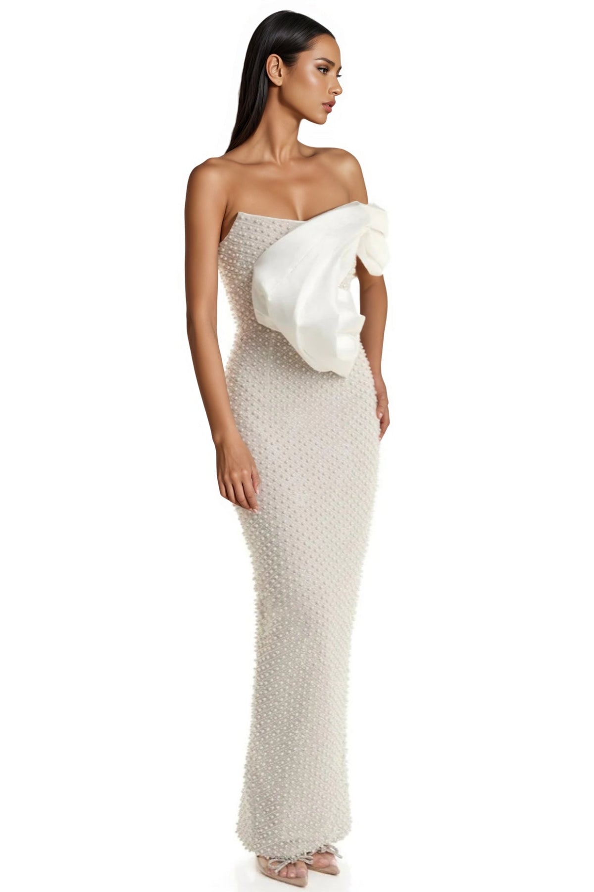 Pearl Embellished Strapless Ruffle Bodice Column Maxi Gown - View 2