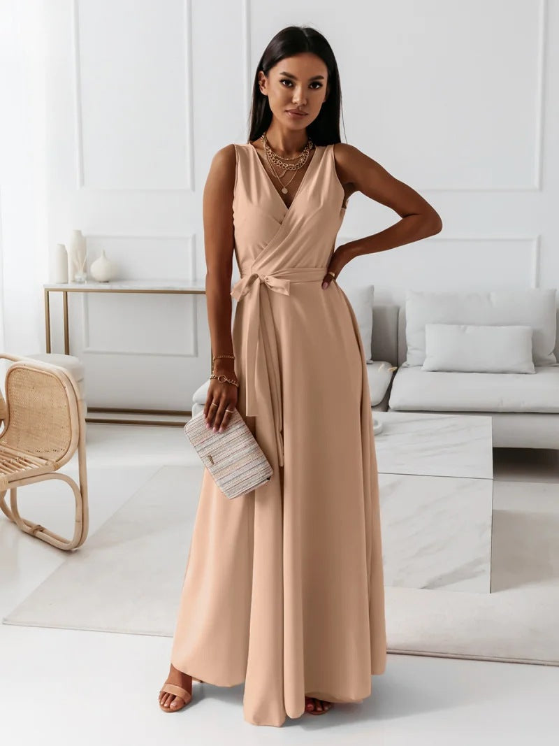 Sleeveless V-Neck Wrap Tie Waist Bow Sash Flowy Maxi Gown - View 5