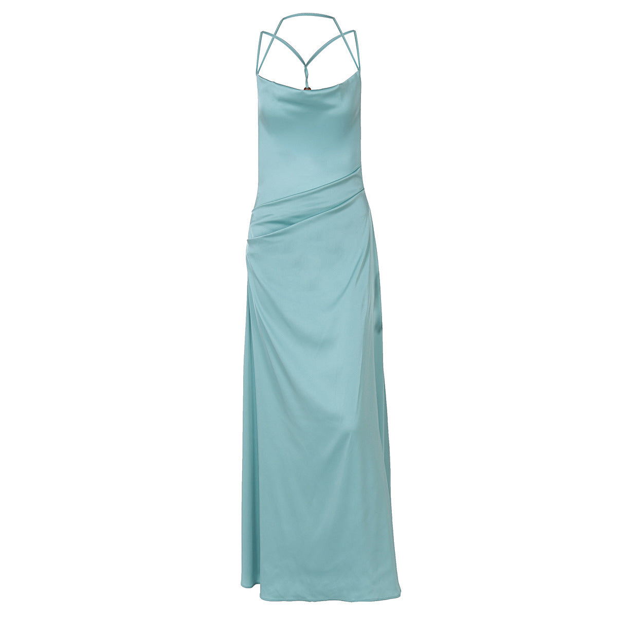 Satin Backless Halter Cross Strap Slip Maxi Gown - View 5