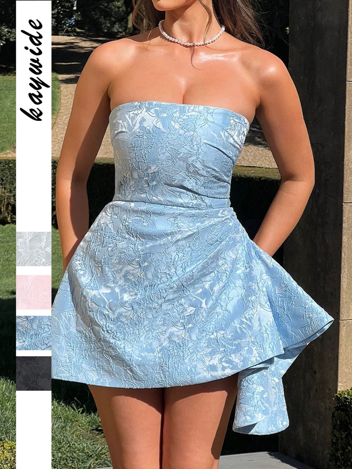 Floral Jacquard Strapless Asymmetric Hem Fit and Flare Mini Dress - View 6
