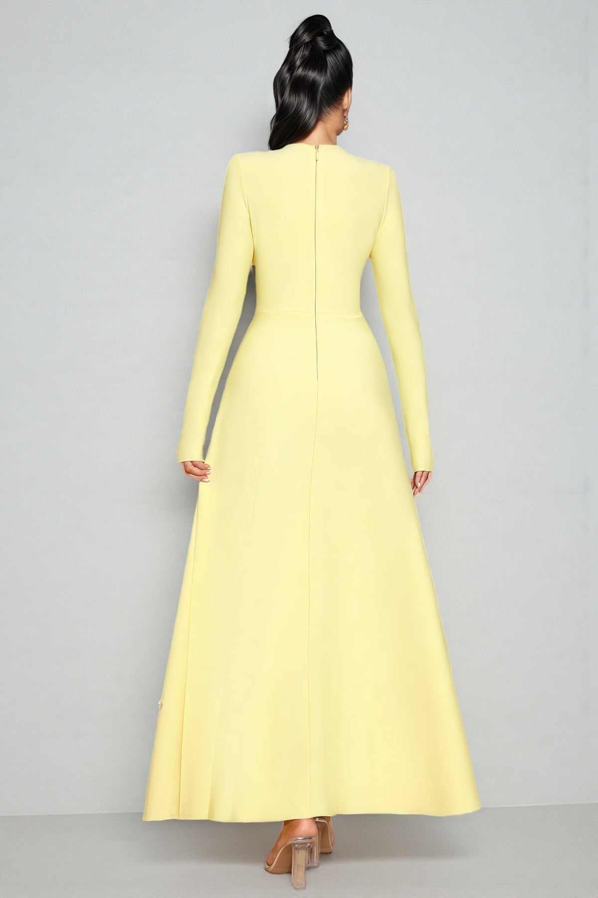 Long Sleeve Crew Neck Beaded Floral Applique A-Line Maxi Gown - View 6