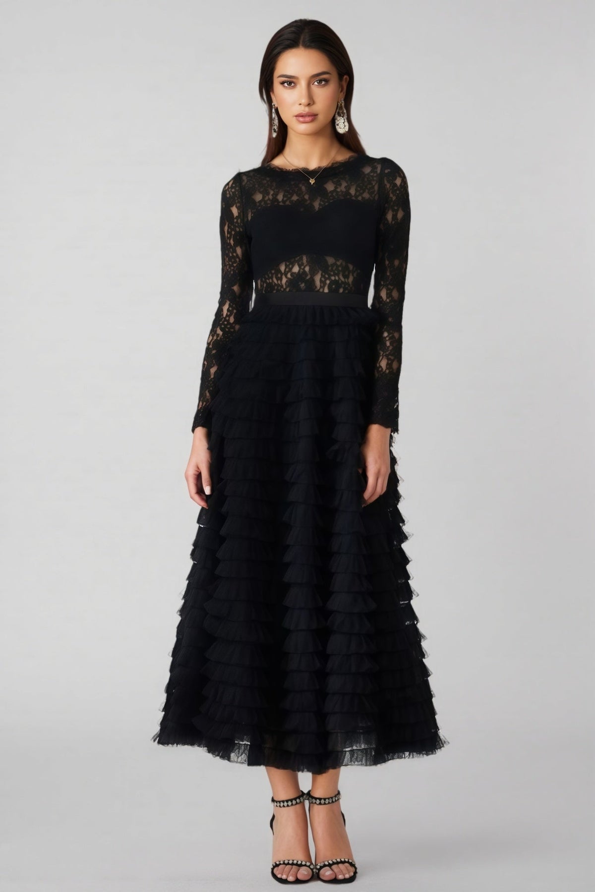 Rafik Black Hollow Lace A-line Maxi Dress - View 3