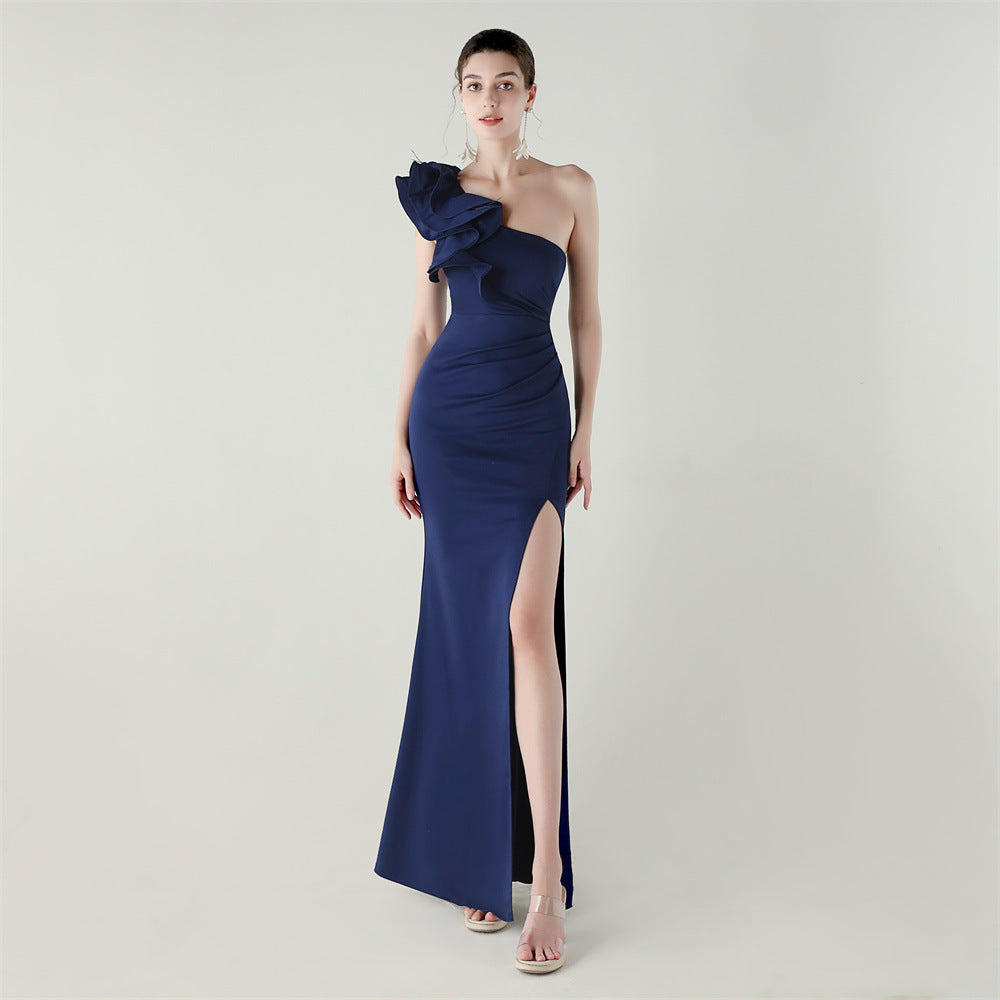 Satin One Shoulder Ruffle Ruched High Split Mermaid Gown - View 9