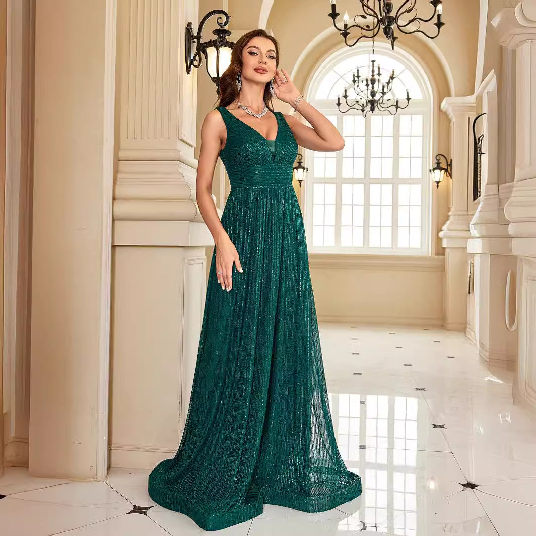 Sequin V-Neck Sleeveless Ruched Waist A-Line Maxi Gown - View 3