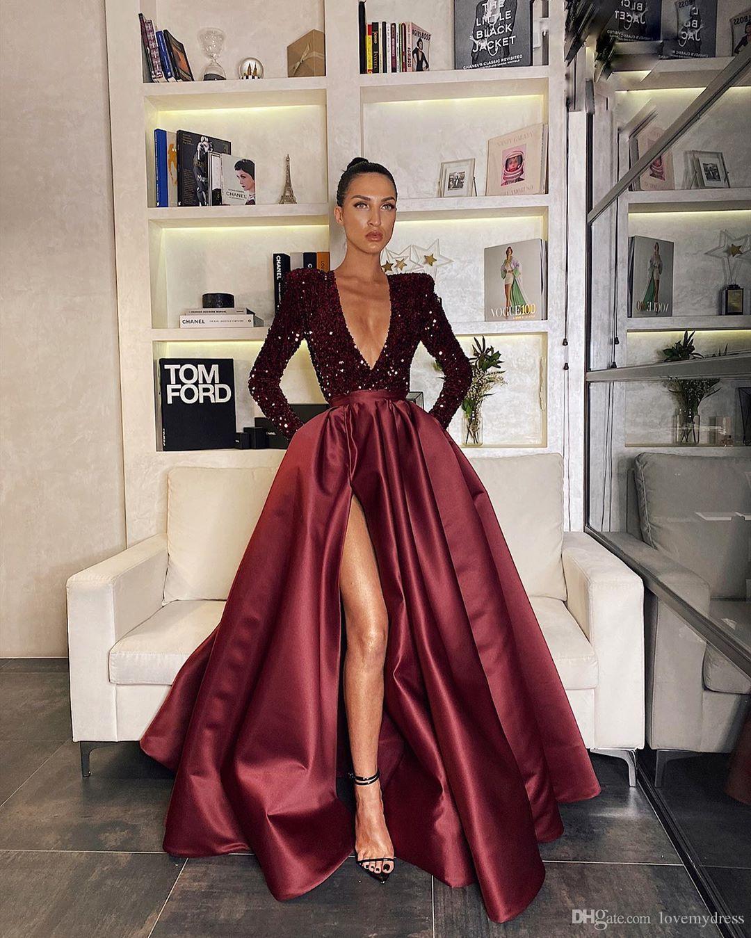 Sequin Deep V-Neck Long Sleeve Satin High Split A-Line Evening Gown - View 2