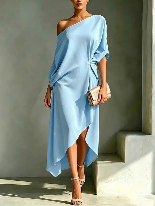 One Shoulder Dolman Sleeve Asymmetric High Low Midi Dress 3