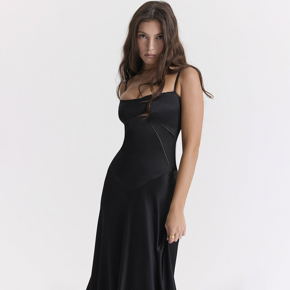 Square Neck Lace Up Back Satin Slip Maxi Dress - View 4