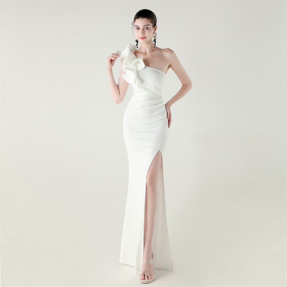 Satin One Shoulder Ruffle Ruched High Split Mermaid Gown in White - View 2