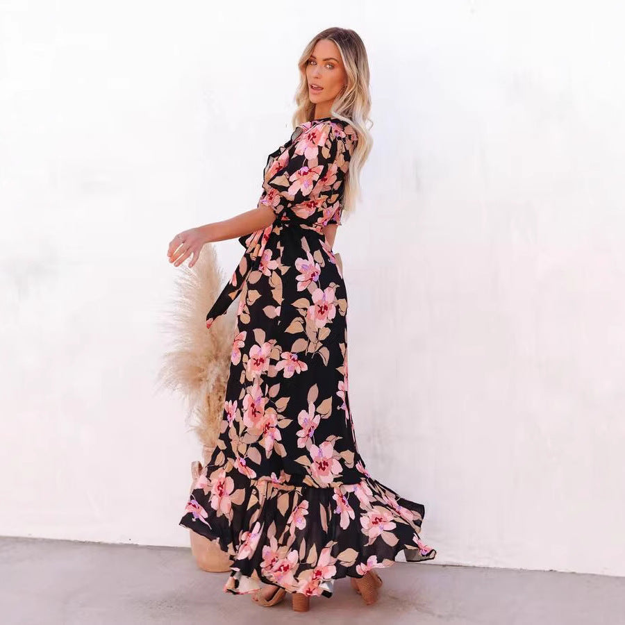 Floral V-Neck Puff Sleeve Wrap Ruffle Hem High Low Maxi Dress 4