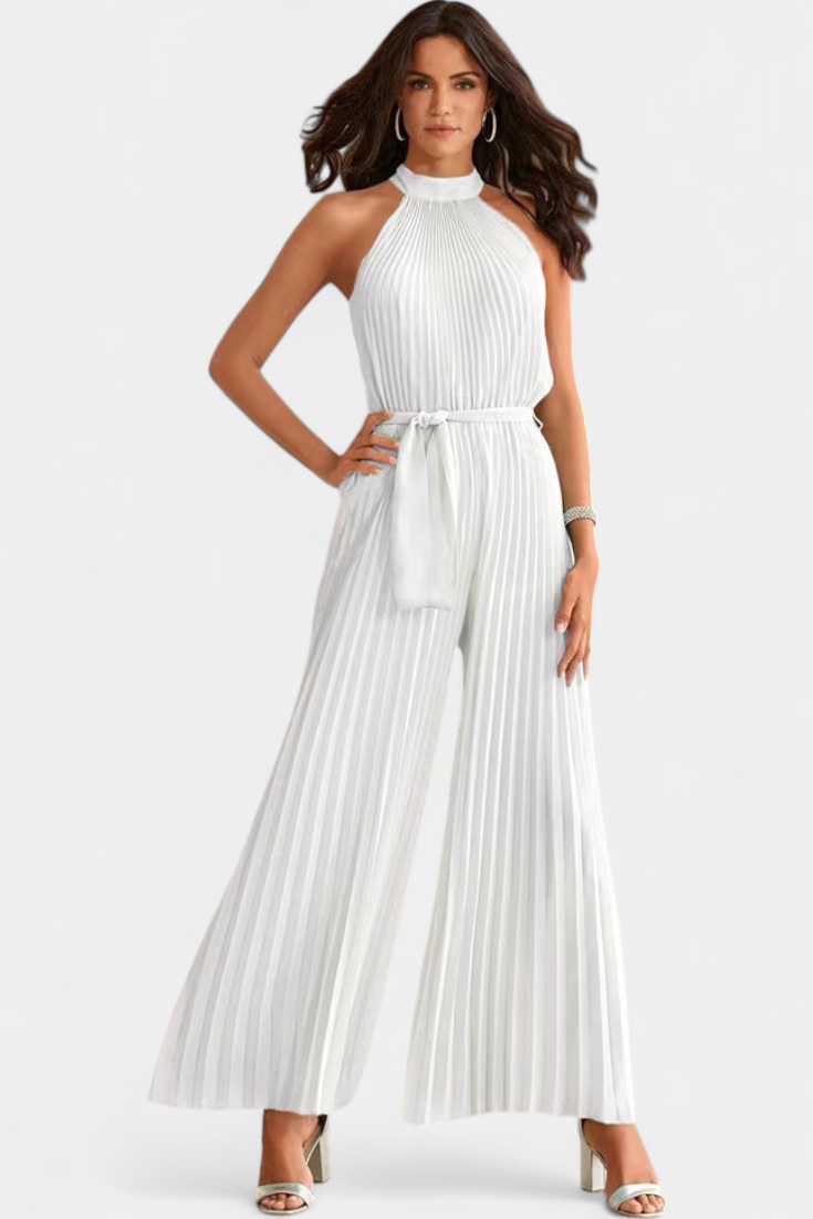 Halter Neck Pleated Belted Wide Leg Jumpsuit 10