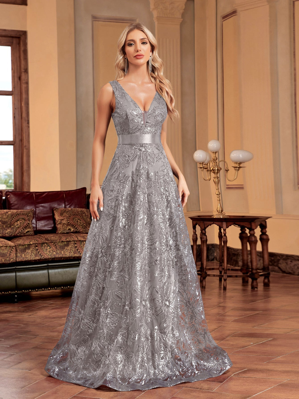 Sequin Deep V-Neck Sleeveless A-Line Maxi Prom Gown - View 3