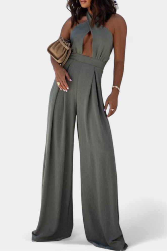 Halter Neck Cross Front Cut Out Backless Wide Leg Jumpsuit