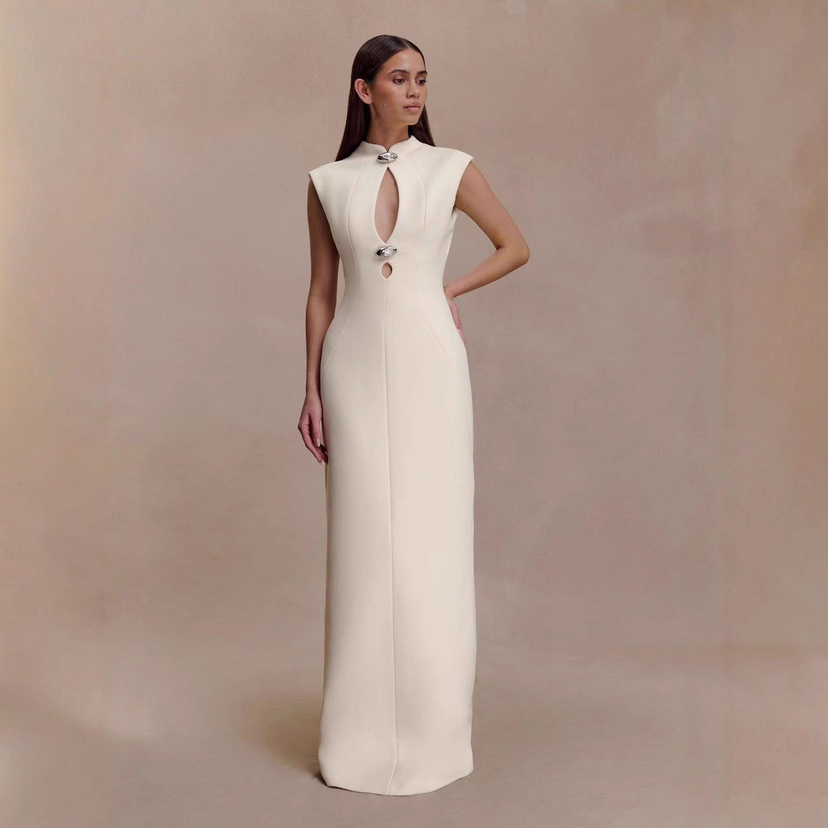 Sleeveless Mock Neck Double Cut Out Hardware Bodycon Maxi Gown - View 4