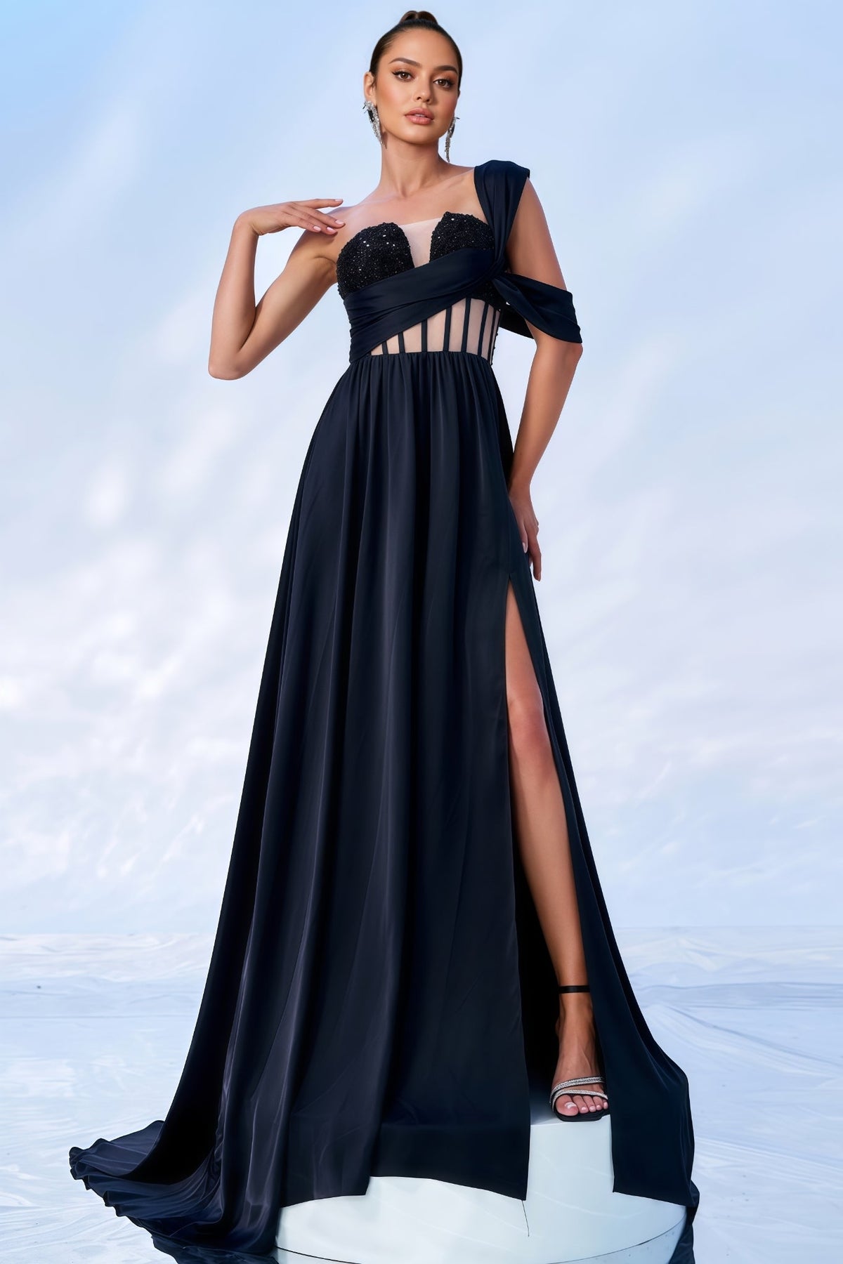 Levia Single Shoulder Sequin Slit Maxi Dress
