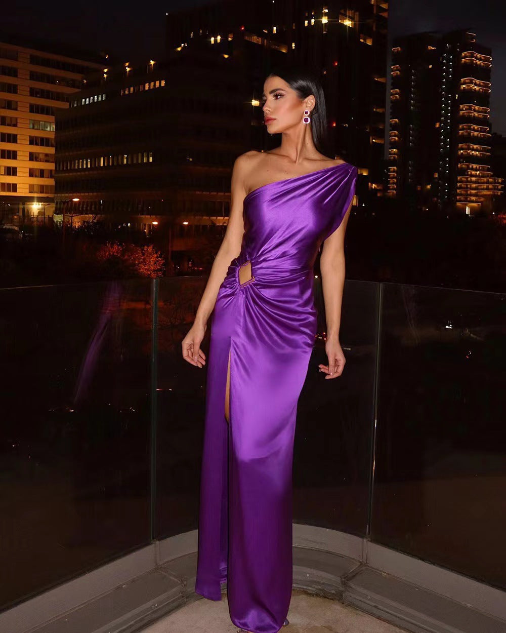 Satin One Shoulder Cut Out Ring Waist Ruched High Split Maxi Gown - View 4