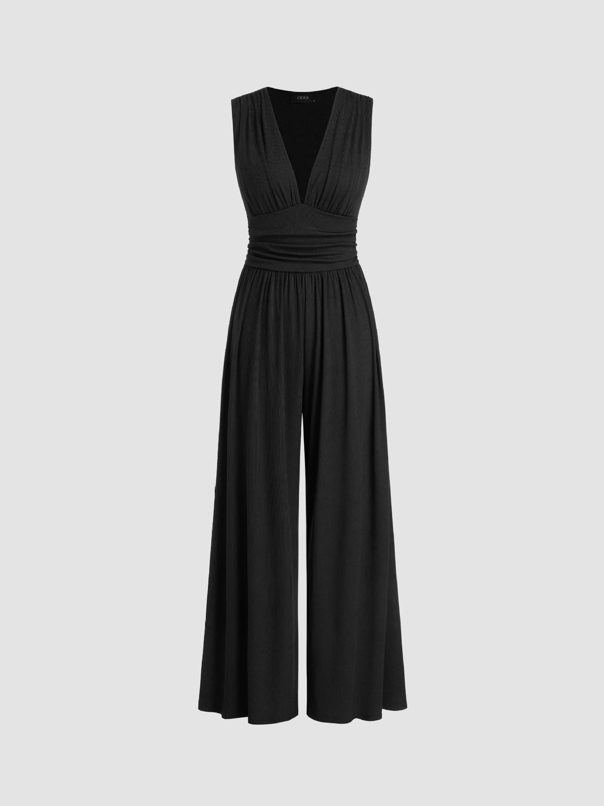 Deep V-Neck Ruched Waist Wide Leg Jumpsuit 2