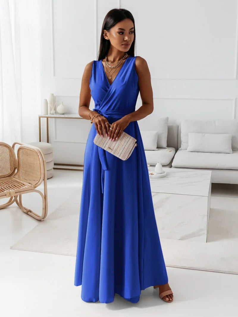 Sleeveless V-Neck Wrap Tie Waist Bow Sash Flowy Maxi Gown - View 7